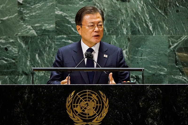 south korea's president moon jae in addresses 76th session of the u.n. general assembly in new york city