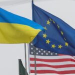 state flags of ukraine, european union and u.s. flutter in central kyiv