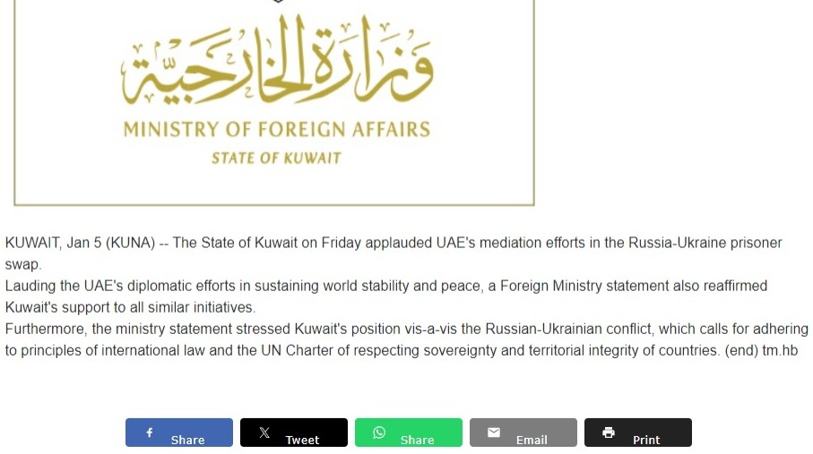 press release of ministry of kuwait after russia ukraine prisoner exchange, un & kuwait applauds uae.