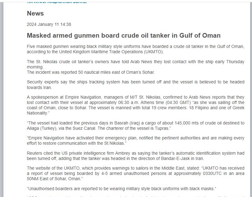 Masked Armed Gunmen Board Crude Oil Tanker in Gulf of Oman: An Analysis