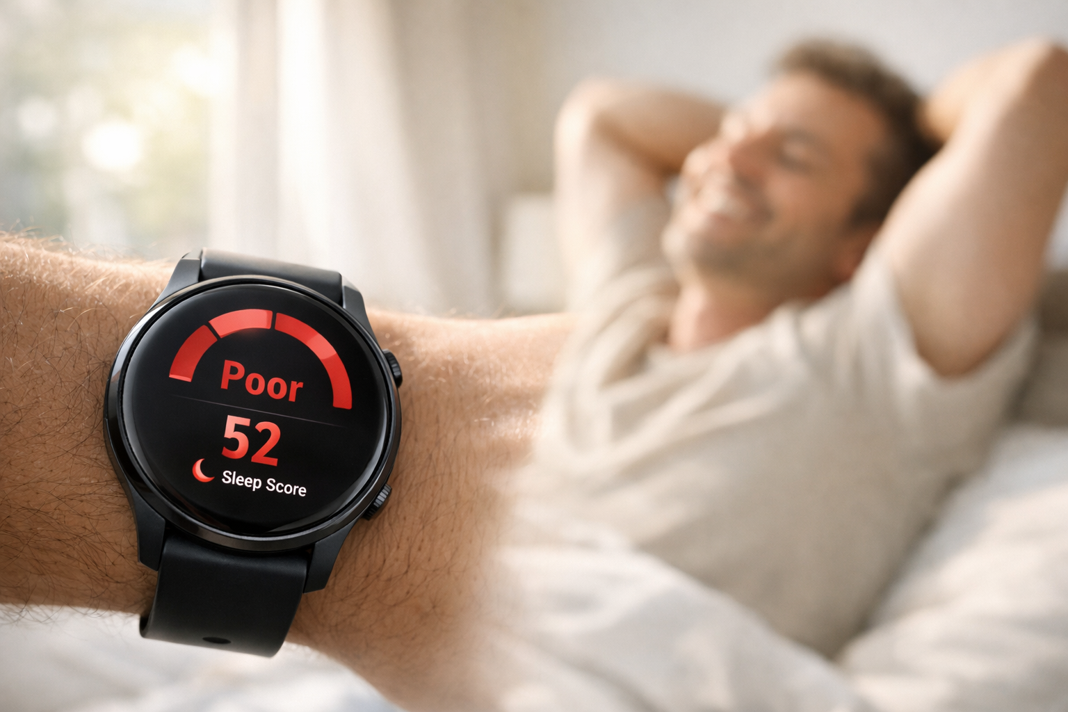 Person checking a smartwatch showing a low sleep score after waking up despite feeling well rested