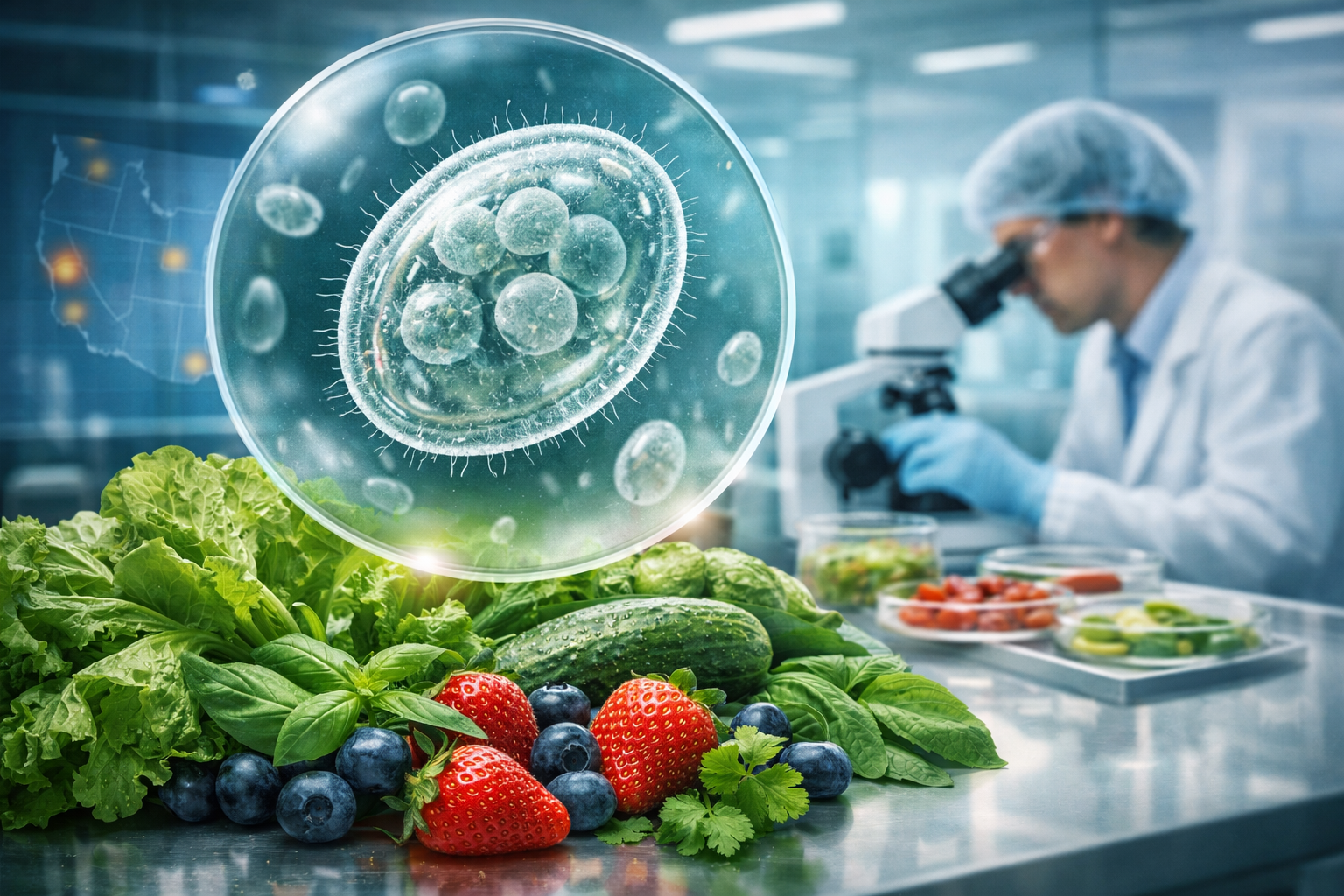 Cyclospora parasite illustration with fresh vegetables highlighting a foodborne diarrhoea outbreak